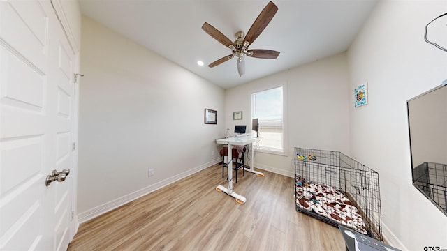 home office with ceiling fan and light hardwood / wood-style flooring