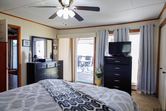 bedroom with multiple windows, crown molding, ceiling fan, and access to outside