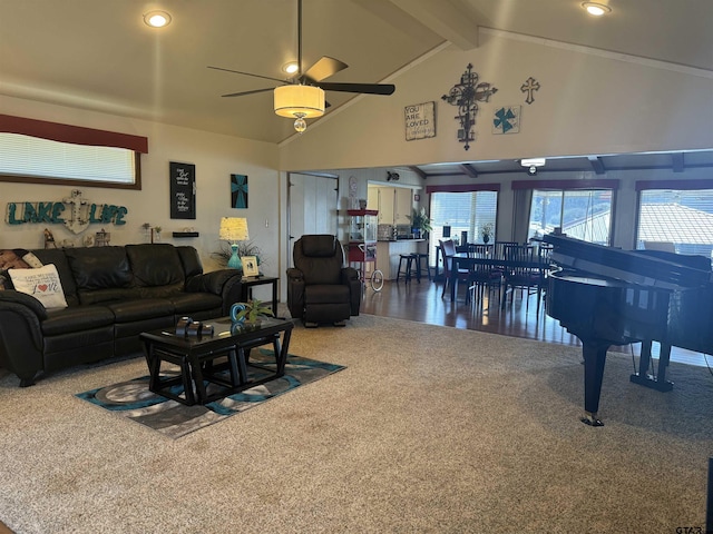 living room with beam ceiling, high vaulted ceiling, ceiling fan, and carpet