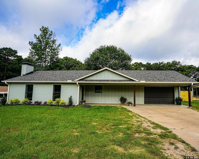 1370 Fm 315, Palestine, TX 75801 - ranch-style home featuring an attached garage, board and batten siding, a front yard, driveway, and a chimney