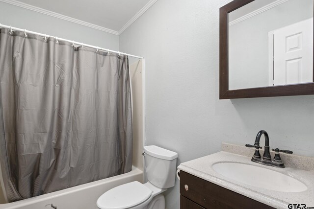 full bath with vanity, ornamental molding, shower / bath combo, and toilet