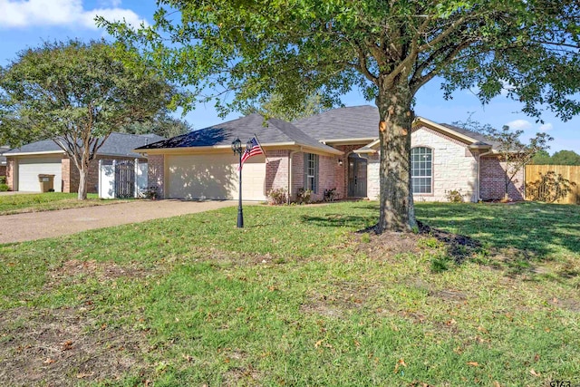 ranch-style home with a garage and a front yard