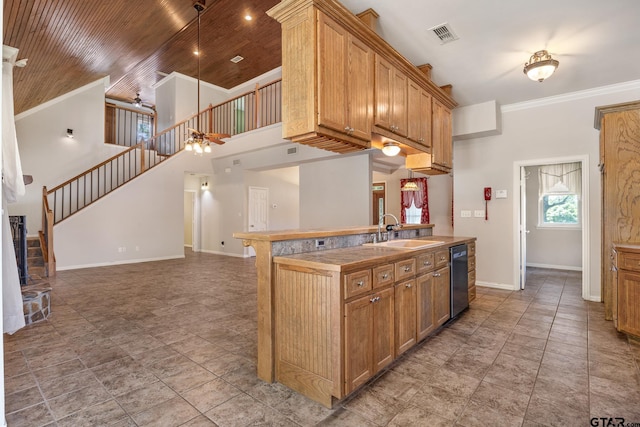 22886 County Road 422, Lindale, TX 75771 - kitchen featuring open floor plan, dishwasher, a towering ceiling, brown cabinets, and wood ceiling
