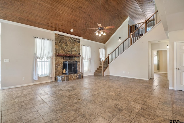 22886 County Road 422, Lindale, TX 75771 - unfurnished living room with stairway, high vaulted ceiling, a ceiling fan, wood ceiling, and crown molding