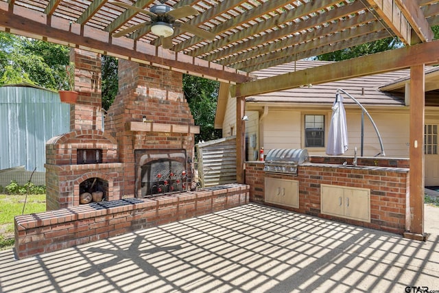 22886 County Road 422, Lindale, TX 75771 - view of patio / terrace with an outdoor brick fireplace, an outdoor kitchen, and a pergola