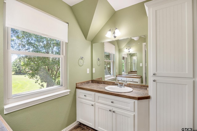 22886 County Road 422, Lindale, TX 75771 - bathroom with healthy amount of natural light, vanity, and lofted ceiling