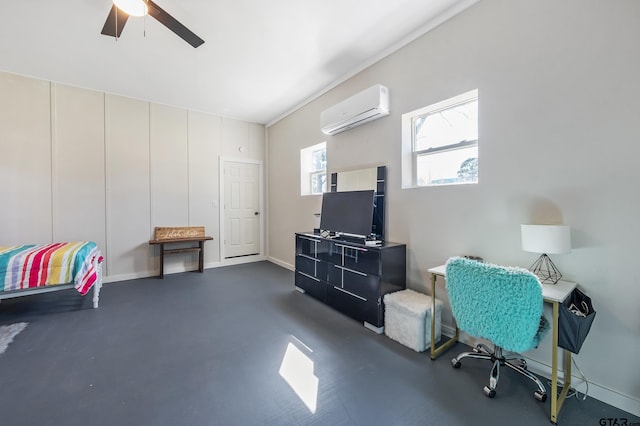 home office with ceiling fan, a wall mounted AC, baseboards, and finished concrete floors