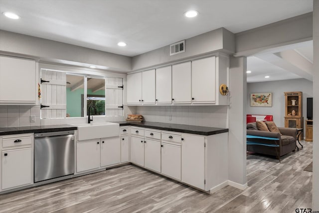 924 Bradley Dr, Athens, TX 75751 - kitchen featuring light wood-style flooring, a sink, white cabinets, visible vents, and dishwasher