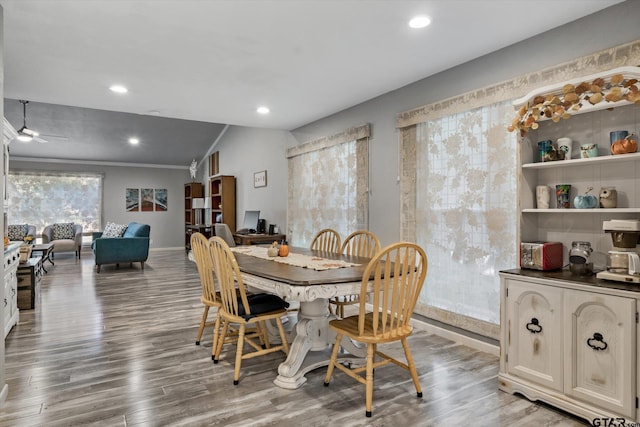 924 Bradley Dr, Athens, TX 75751 - dining area with a ceiling fan, baseboards, recessed lighting, and wood finished floors