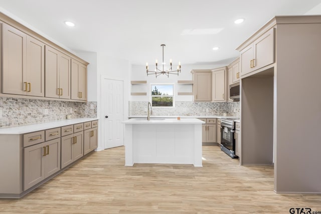 kitchen with open shelves, a sink, stainless steel appliances, light countertops, and a chandelier