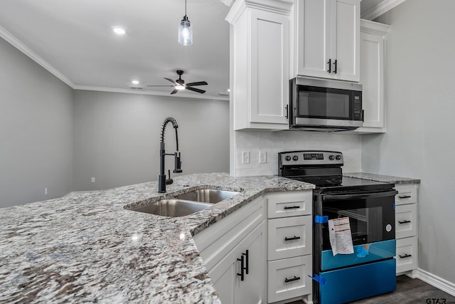 kitchen with white cabinetry, range with electric cooktop, sink, ceiling fan, and decorative backsplash