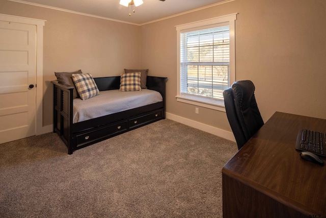 bedroom featuring ornamental molding, carpet floors, and ceiling fan