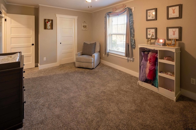 bedroom with crown molding and carpet flooring