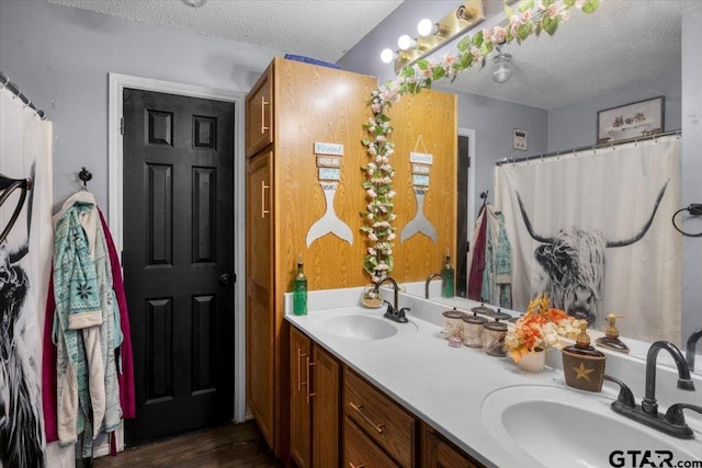 12305 Pine St, Larue, TX 75770 - bathroom featuring wood finished floors, a textured ceiling, and a sink