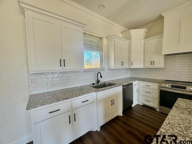 kitchen with light stone counters, sink, white cabinetry, and stainless steel appliances