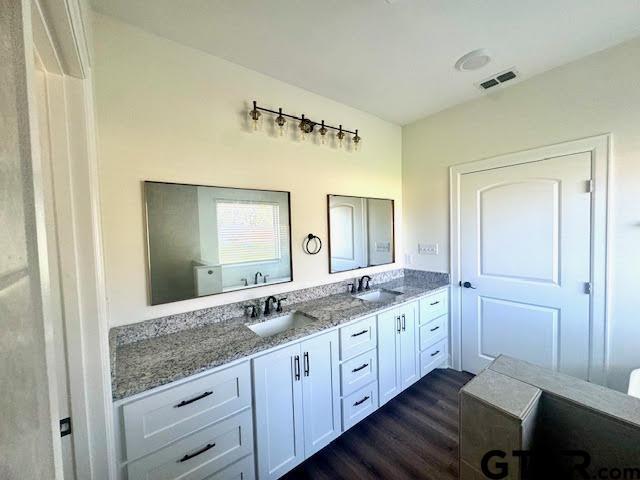 bathroom featuring hardwood / wood-style floors and vanity