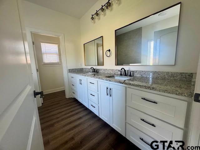 bathroom with hardwood / wood-style floors and vanity