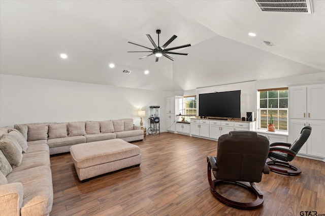 living room with dark hardwood / wood-style floors, ceiling fan, and lofted ceiling