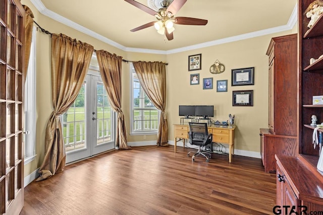 office space featuring ceiling fan, baseboards, ornamental molding, dark wood-type flooring, and french doors