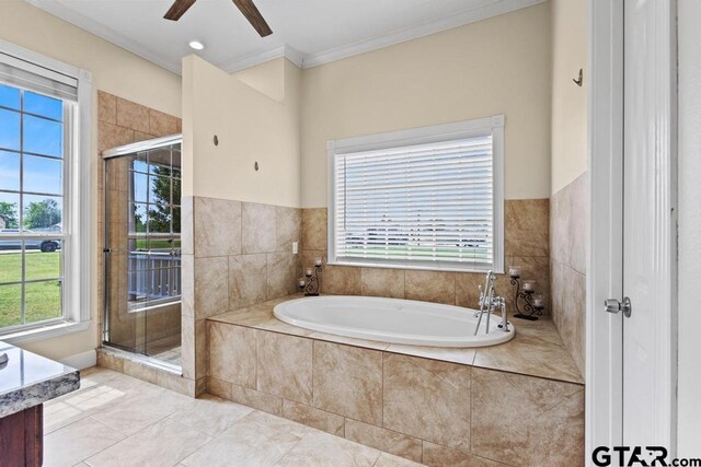 bathroom featuring crown molding, a stall shower, and a wealth of natural light