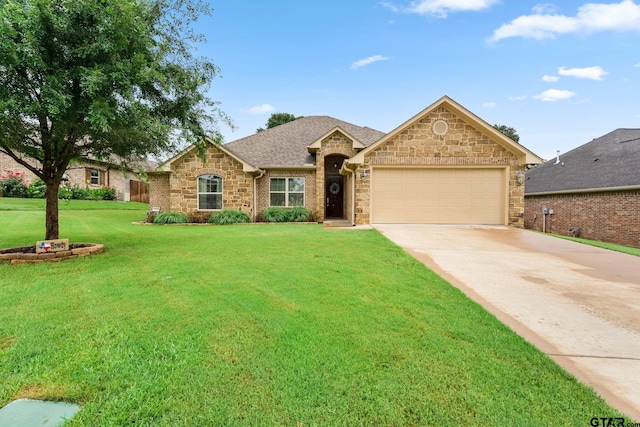 single story home with a garage and a front yard