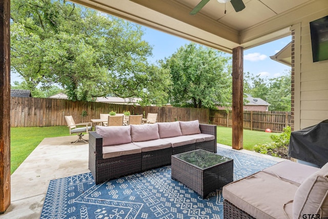 view of patio featuring a grill, outdoor lounge area, and ceiling fan