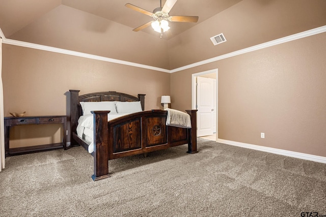 carpeted bedroom featuring vaulted ceiling, ornamental molding, and ceiling fan