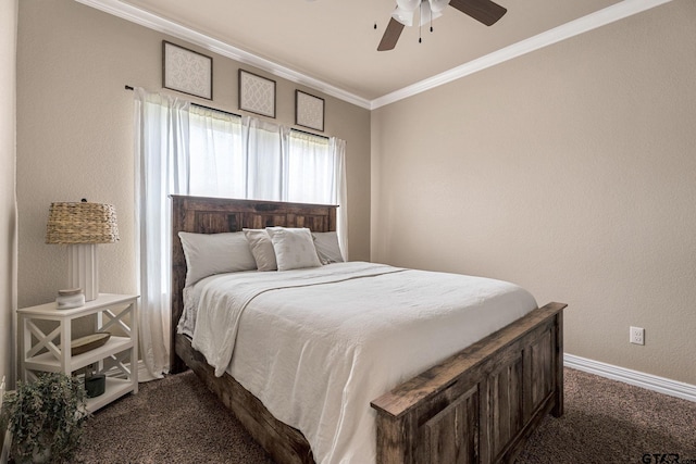 carpeted bedroom featuring crown molding and ceiling fan