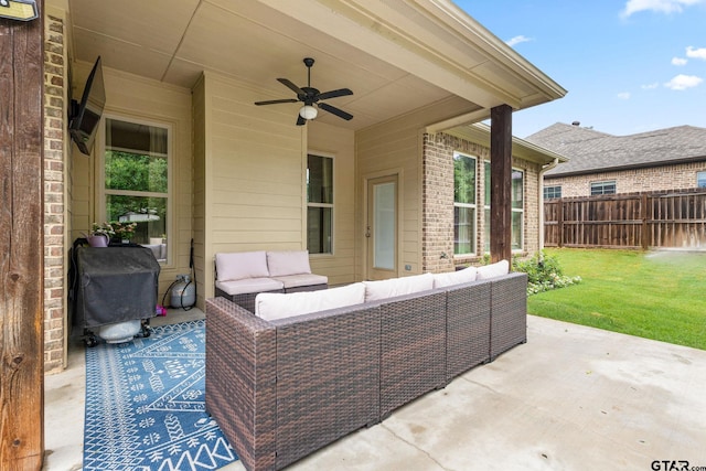 view of patio / terrace with an outdoor living space, a grill, and ceiling fan