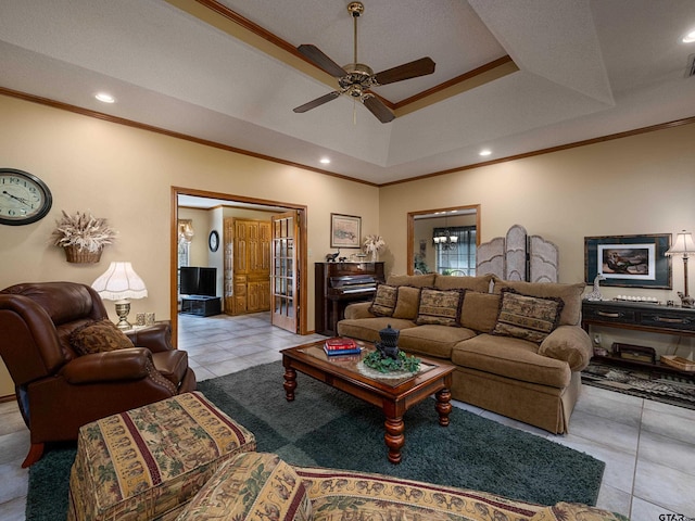 6109 Stoneleigh Dr, Tyler, TX 75703 - living room featuring a ceiling fan, recessed lighting, tile patterned flooring, and crown molding
