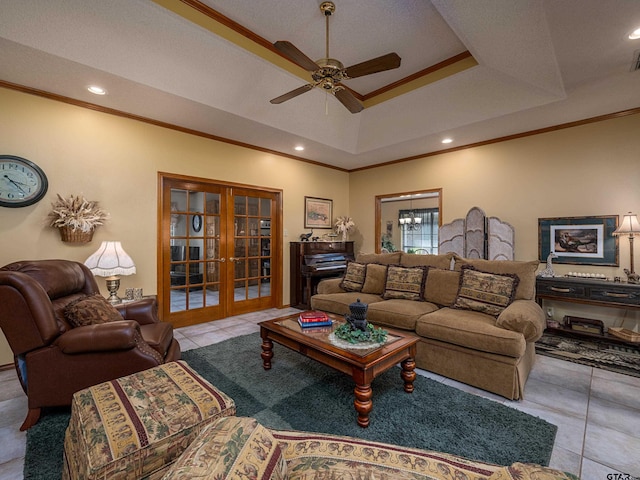 6109 Stoneleigh Dr, Tyler, TX 75703 - tiled living room featuring crown molding, french doors, ceiling fan, and recessed lighting