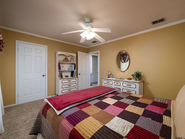 6109 Stoneleigh Dr, Tyler, TX 75703 - bedroom featuring carpet, a textured ceiling, visible vents, and crown molding