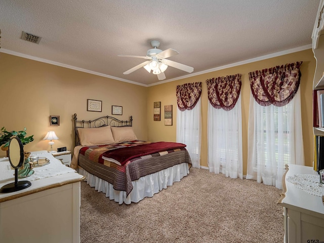 6109 Stoneleigh Dr, Tyler, TX 75703 - bedroom featuring light colored carpet, a textured ceiling, visible vents, and ornamental molding