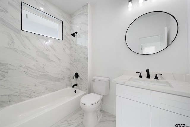 full bathroom with toilet, tiled shower / bath combo, and vanity