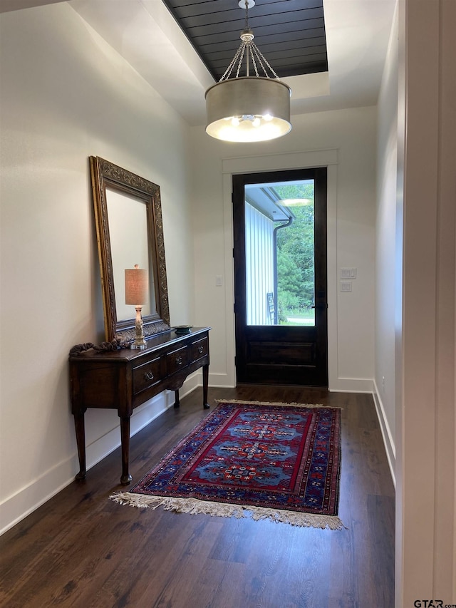 foyer entrance with dark hardwood / wood-style flooring and a raised ceiling