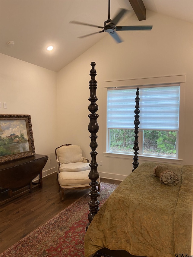 bedroom with vaulted ceiling with beams, ceiling fan, and dark hardwood / wood-style floors