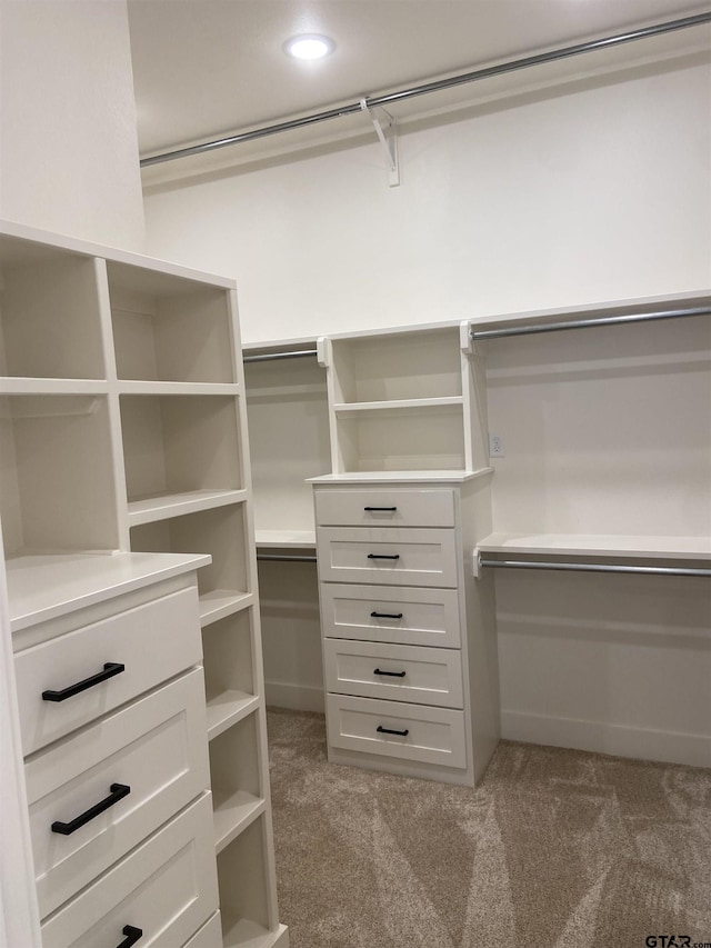 spacious closet featuring light colored carpet