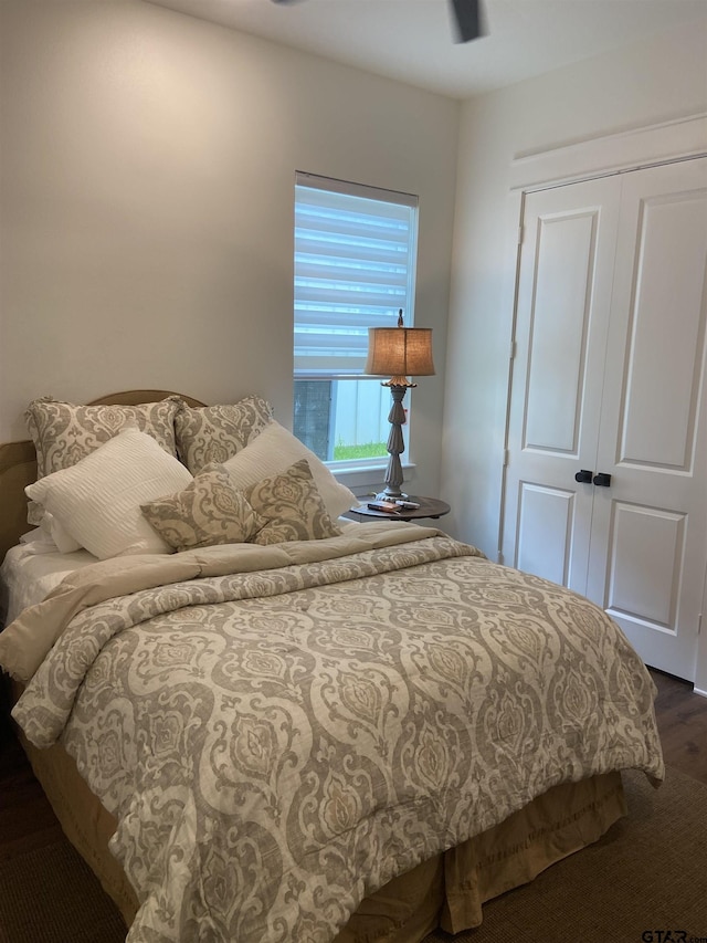 bedroom with dark hardwood / wood-style floors and a closet