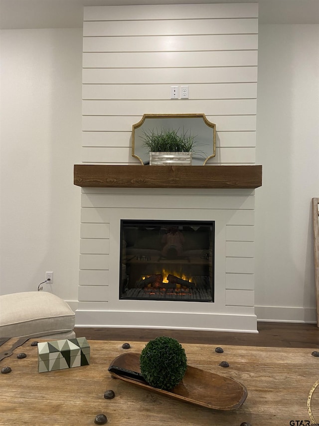 room details featuring a fireplace and wood-type flooring