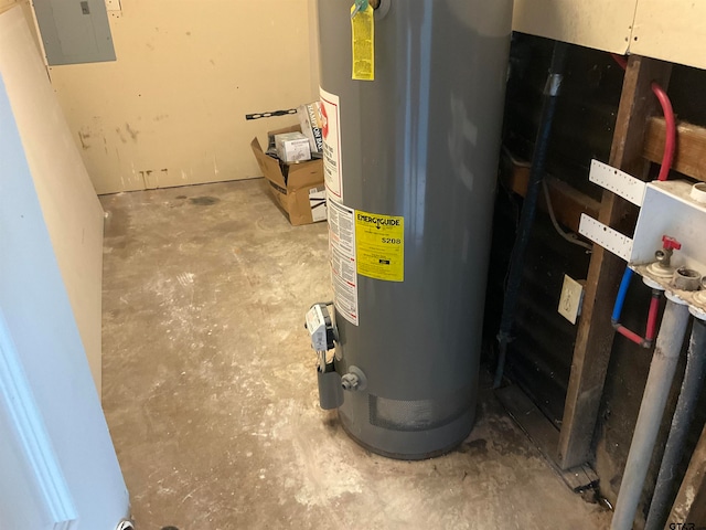 utility room featuring electric panel and water heater