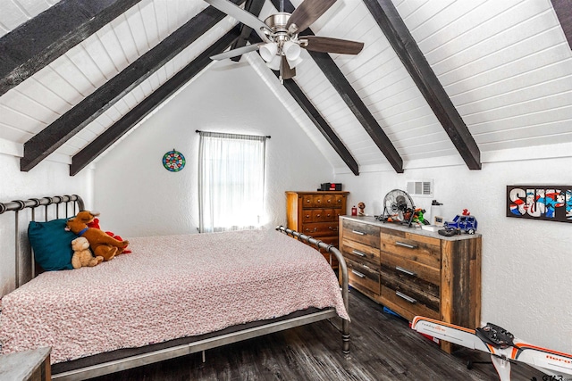 bedroom with ceiling fan, hardwood / wood-style floors, and vaulted ceiling with beams