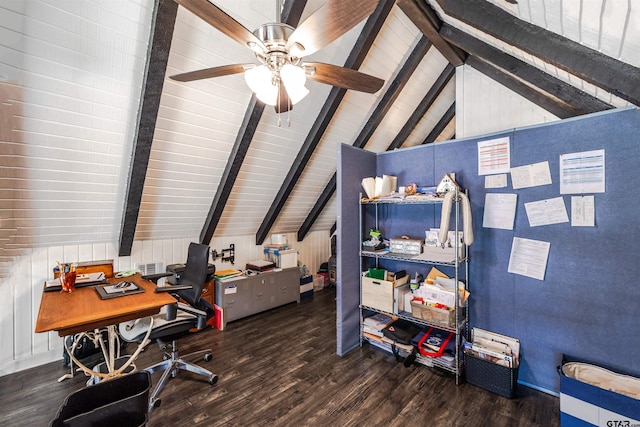 home office with ceiling fan, dark wood-type flooring, wooden walls, and vaulted ceiling with beams