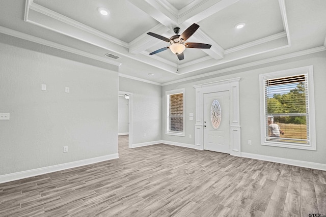 interior space featuring ornamental molding, ceiling fan, beam ceiling, coffered ceiling, and light wood-type flooring