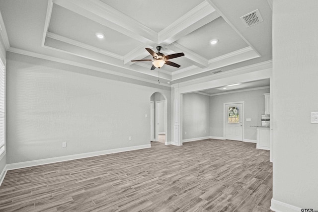 spare room featuring light wood-type flooring, coffered ceiling, crown molding, and beamed ceiling