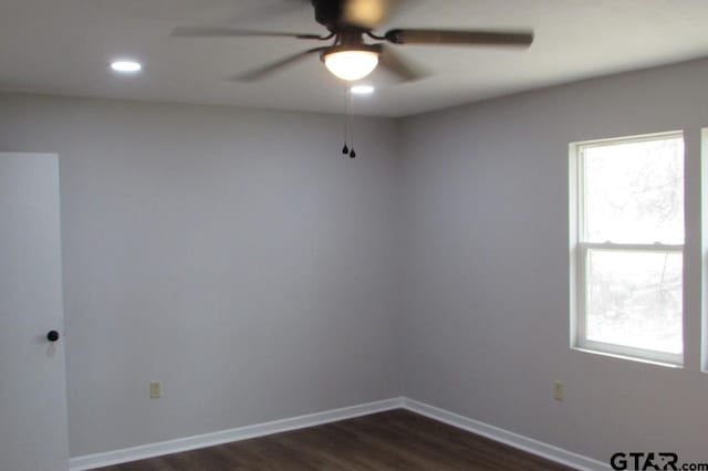 unfurnished room with ceiling fan, baseboards, dark wood finished floors, and recessed lighting