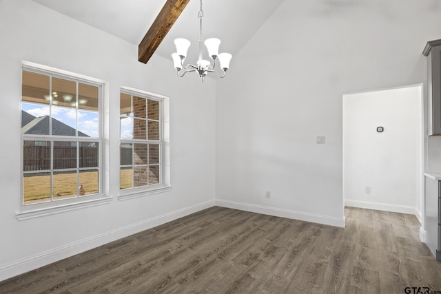 unfurnished dining area featuring beamed ceiling, dark hardwood / wood-style floors, high vaulted ceiling, and a notable chandelier