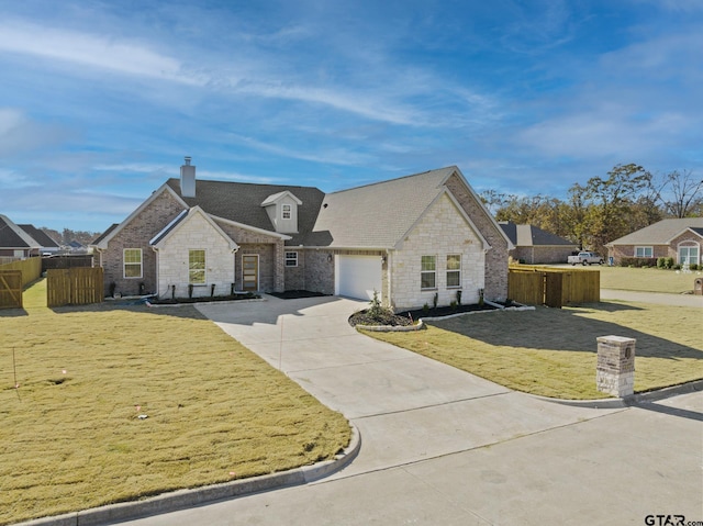 view of front of property with a front lawn and a garage