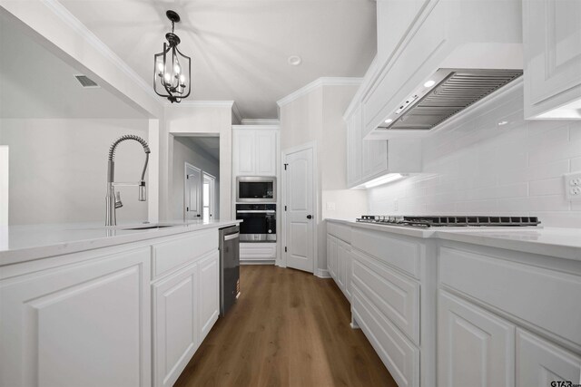 1838 Rocky Mtn, Tyler, TX 75703 - kitchen with stainless steel appliances, custom exhaust hood, white cabinetry, decorative backsplash, and light countertops
