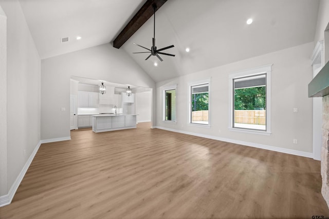 1838 Rocky Mtn, Tyler, TX 75703 - unfurnished living room with beam ceiling, plenty of natural light, high vaulted ceiling, a ceiling fan, and a stone fireplace