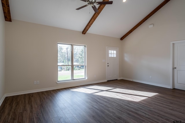 interior space featuring ceiling fan, beamed ceiling, high vaulted ceiling, and dark hardwood / wood-style floors